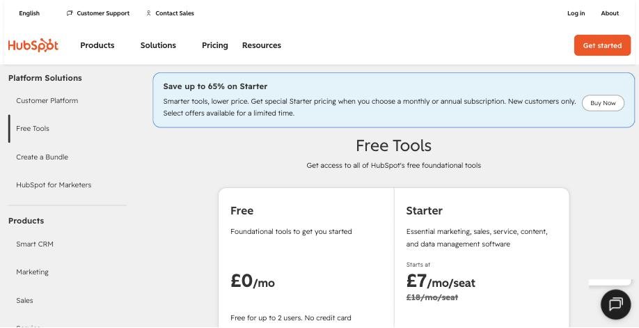 HubSpot pricing page showing Free at £0 a month for up to 2 users and Starter at £7 per seat a month, struck through from £18