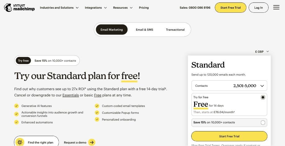 Mailchimp UK pricing page set to 2,501 to 5,000 contacts, showing Standard starting at £76.04 a month after the free trial