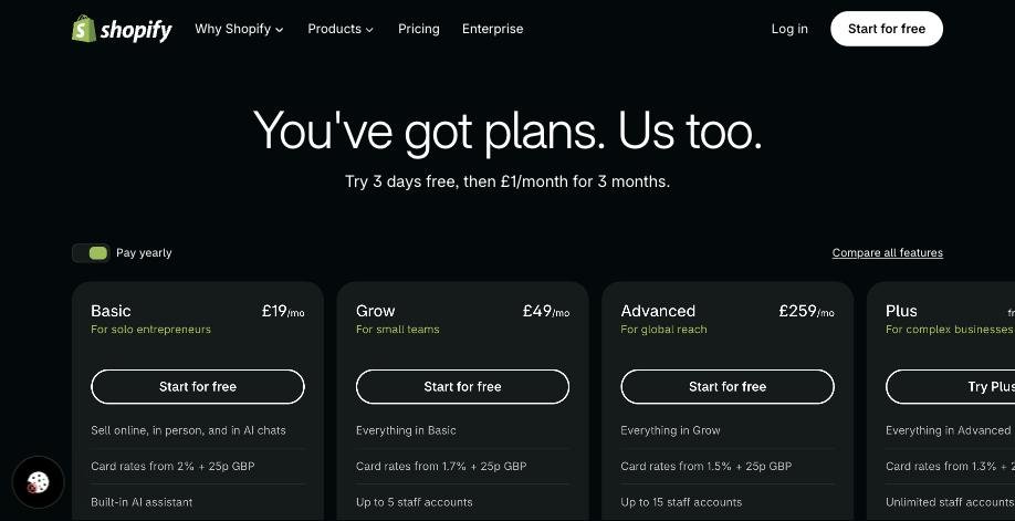 Shopify UK pricing page on yearly billing showing Basic £19, Grow £49 and Advanced £259 a month, with card rates from 2%, 1.7% and 1.5% plus 25p