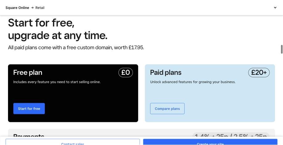 Square Online page showing a free plan at £0 and paid plans from £20, with online card rates of 1.4% plus 25p for UK cards