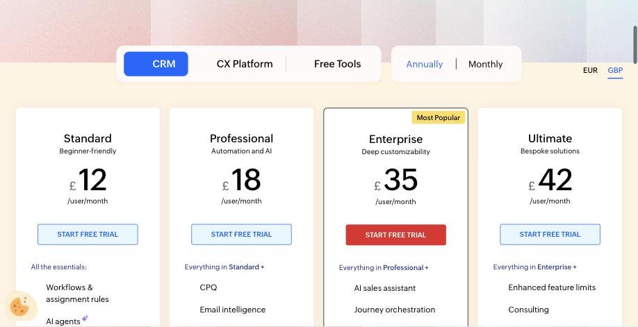 Zoho CRM pricing page in pounds showing Standard £12, Professional £18, Enterprise £35 and Ultimate £42 per user a month, billed annually