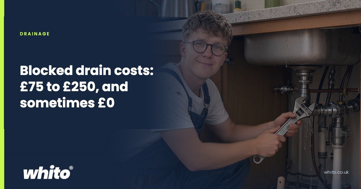 Navy Whito guide card for drainage: "Blocked drain costs: £75 to £250, and sometimes £0"