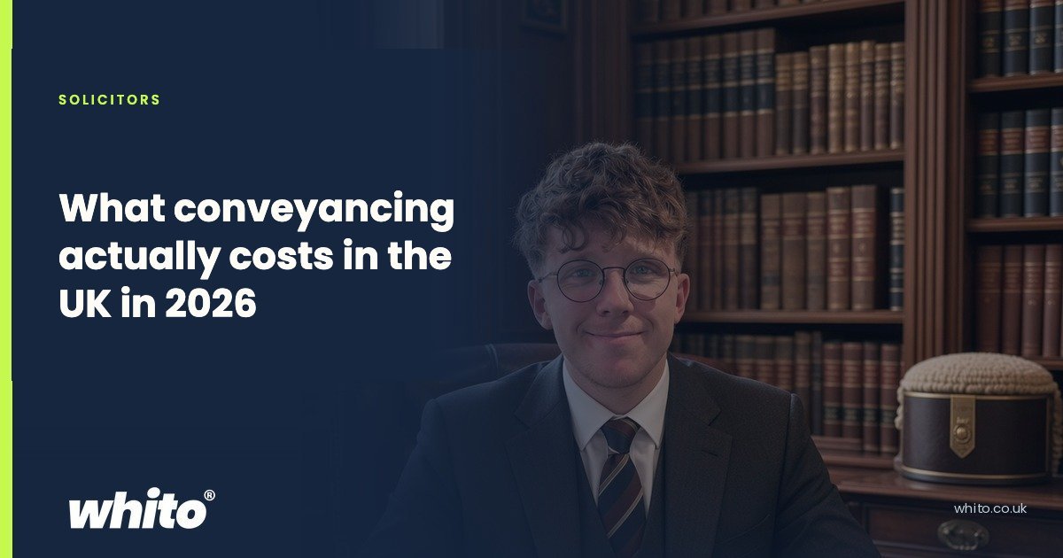 Navy Whito guide card for solicitors: "What conveyancing actually costs in the UK in 2026"
