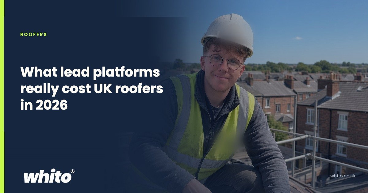 Navy Whito guide card for roofers: "What lead platforms really cost UK roofers in 2026"