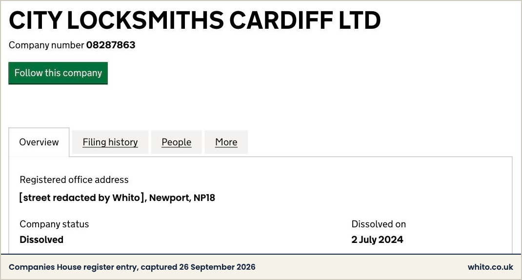 Companies House entry for CITY LOCKSMITHS CARDIFF LTD, company number 08287863, status dissolved, dissolved on 2 July 2024.