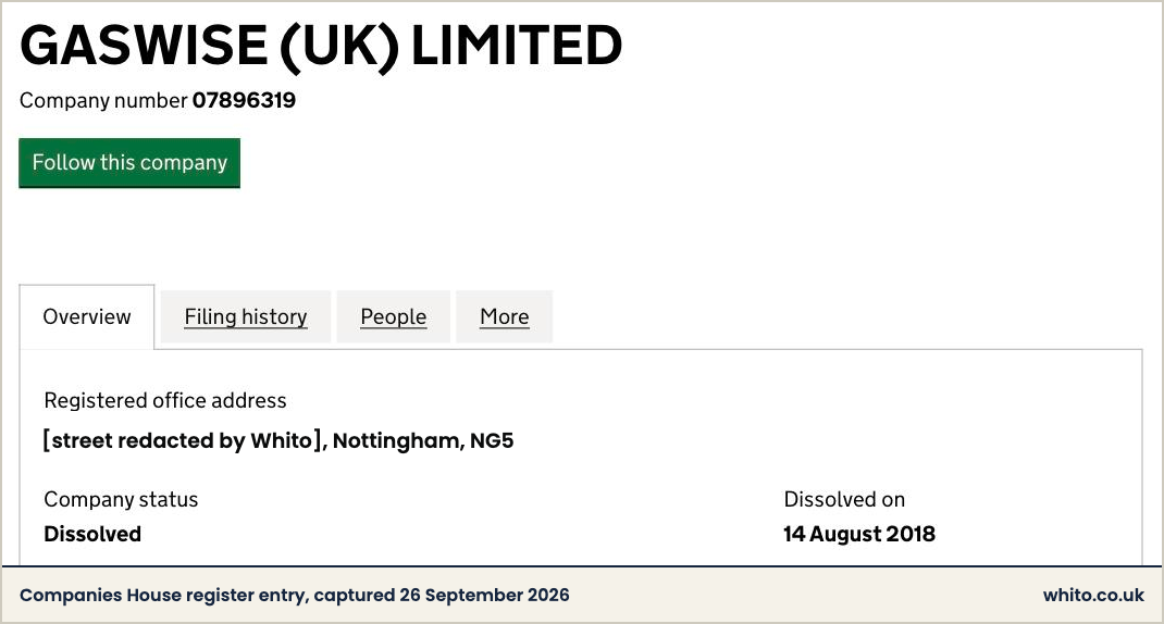 Companies House entry for GASWISE (UK) LIMITED, company number 07896319, status dissolved, dissolved on 14 August 2018.