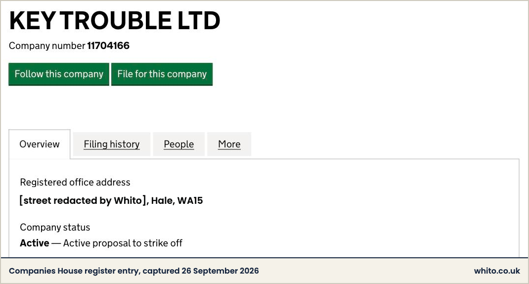 Companies House entry for KEY TROUBLE LTD, company number 11704166, status active with an active proposal to strike off.