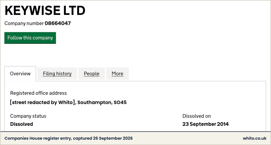 Companies House entry for KEYWISE LTD, company number 08664047, status dissolved, dissolved on 23 September 2014.