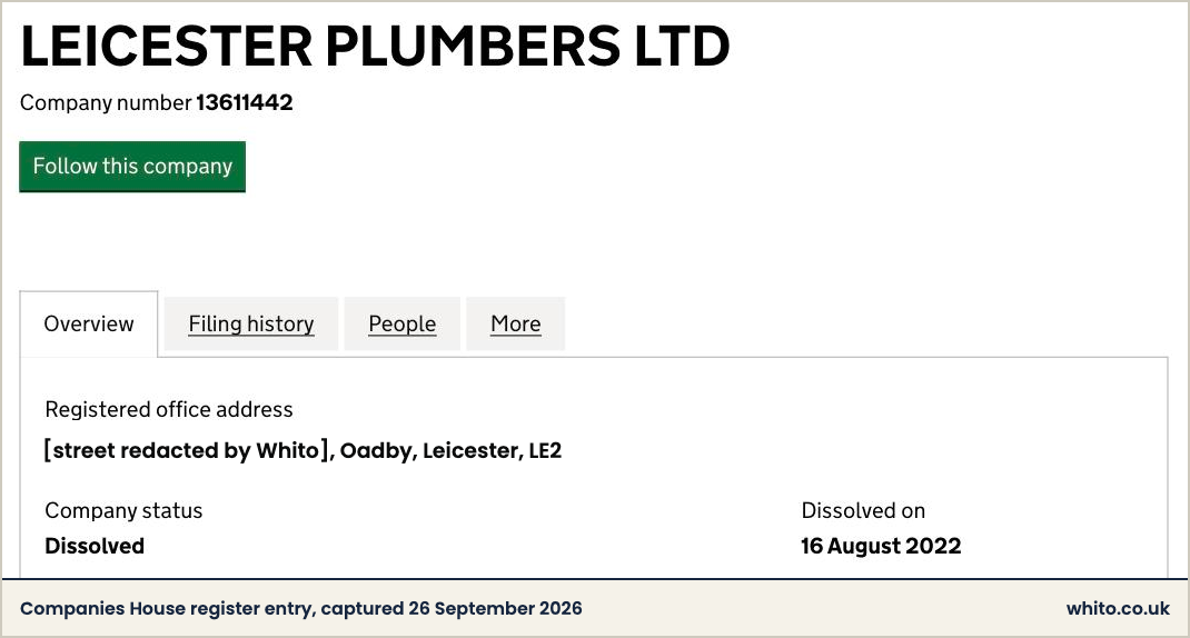 Companies House entry for LEICESTER PLUMBERS LTD, company number 13611442, status dissolved, dissolved on 16 August 2022.