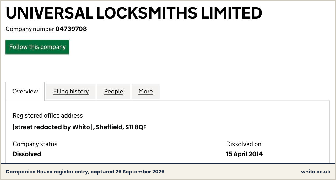 Companies House entry for UNIVERSAL LOCKSMITHS LIMITED, company number 04739708, status dissolved, dissolved on 15 April 2014.