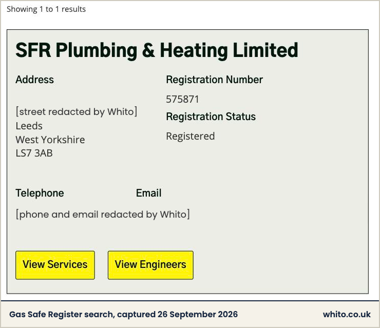 Gas Safe Register check result for SFR Plumbing and Heating Limited, registration number 575871, status registered.