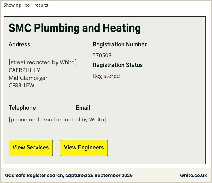 Gas Safe Register check result for SMC Plumbing and Heating, registration number 570503, status registered.