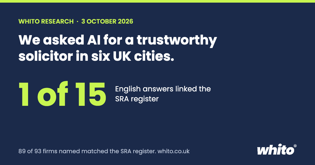 AI solicitor recommendations vs the SRA register, Whito Research 3 October 2026