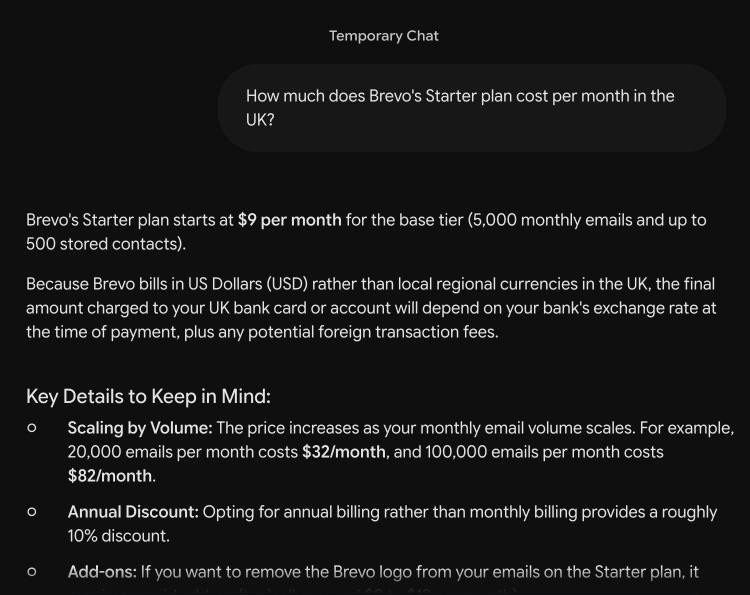 Gemini answer stating Brevo bills UK customers in US dollars