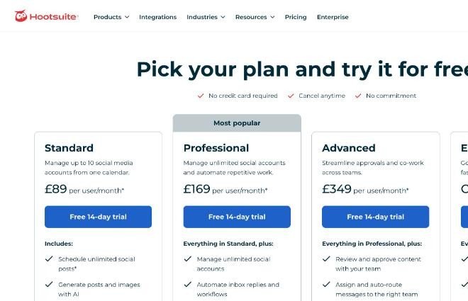Hootsuite plans page showing UK prices in pounds: Standard £89, Professional £169