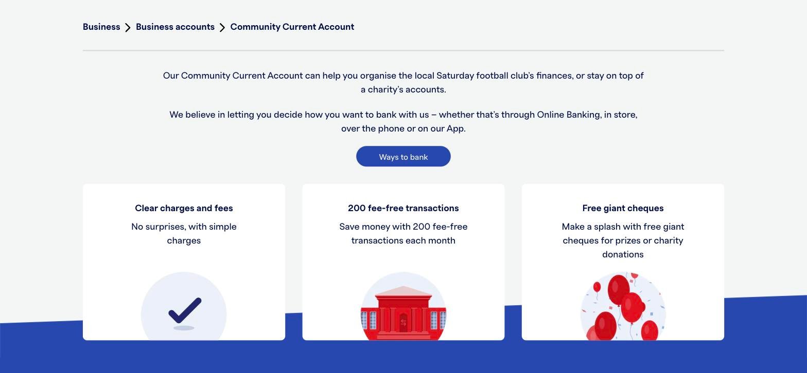 Metro Bank Community Current Account page showing 200 fee-free transactions each month