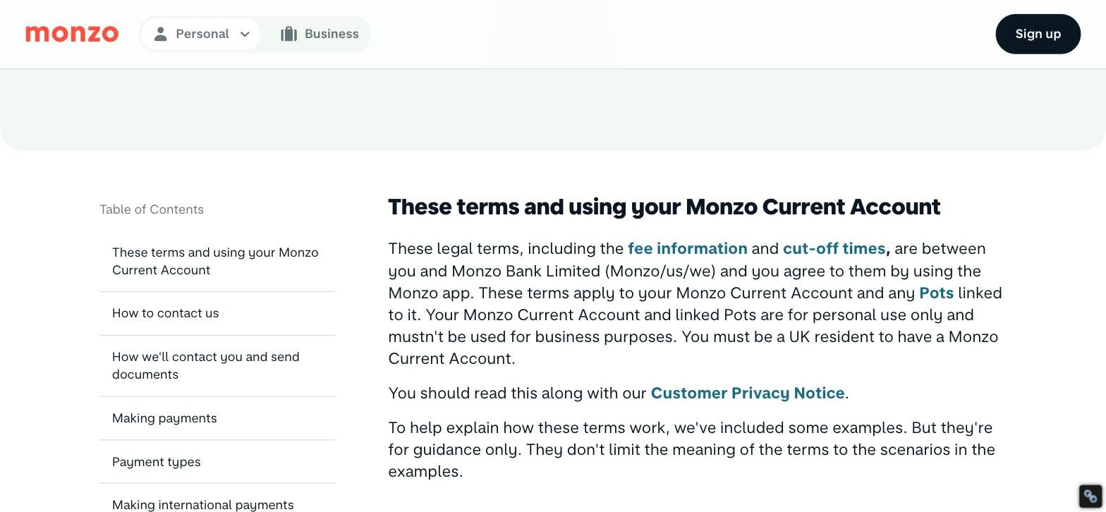 Monzo personal current account terms stating the account is for personal use only and must not be used for business purposes