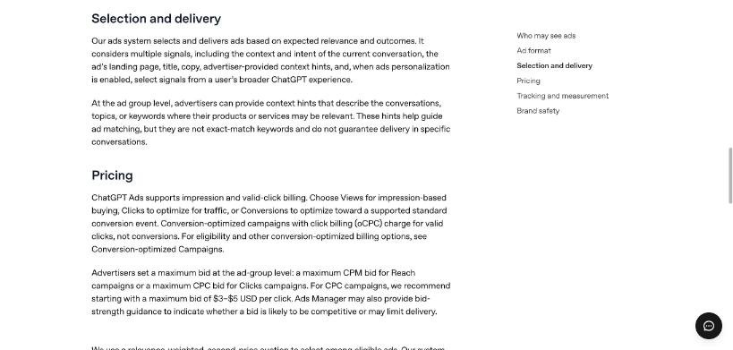 Screenshot of the OpenAI Help Center article Ads in ChatGPT: The Basics, Pricing section, recommending a starting maximum bid of $3 to $5 USD per click. Captured 8 October 2026.
