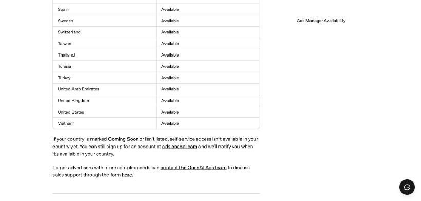 Screenshot of the OpenAI Help Center article Ads Manager Availability, listing United Kingdom as Available for self-service. Captured 8 October 2026.