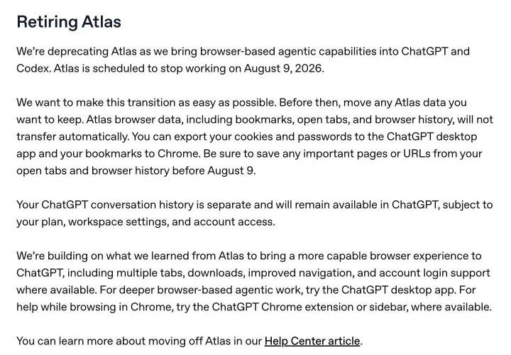 OpenAI ChatGPT release notes entry Retiring Atlas, saying Atlas is scheduled to stop working on August 9, 2026