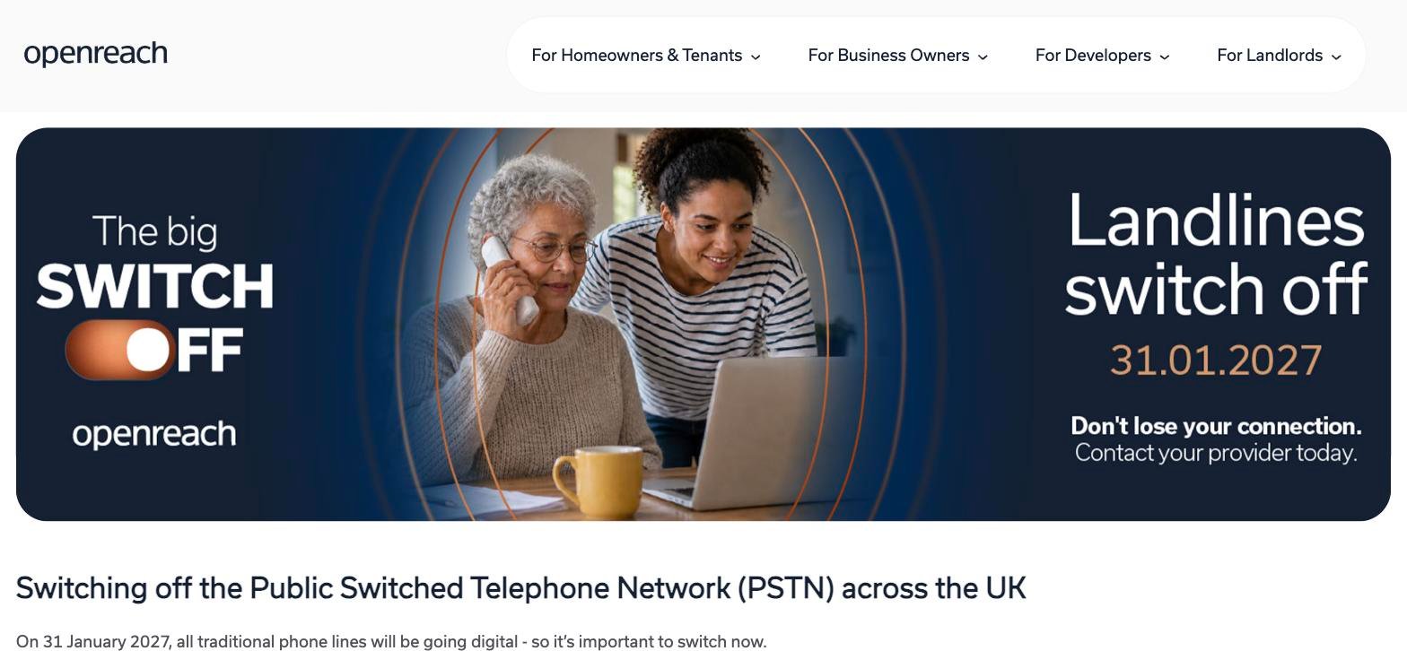 Openreach page announcing landlines switch off on 31 January 2027 as the PSTN is retired