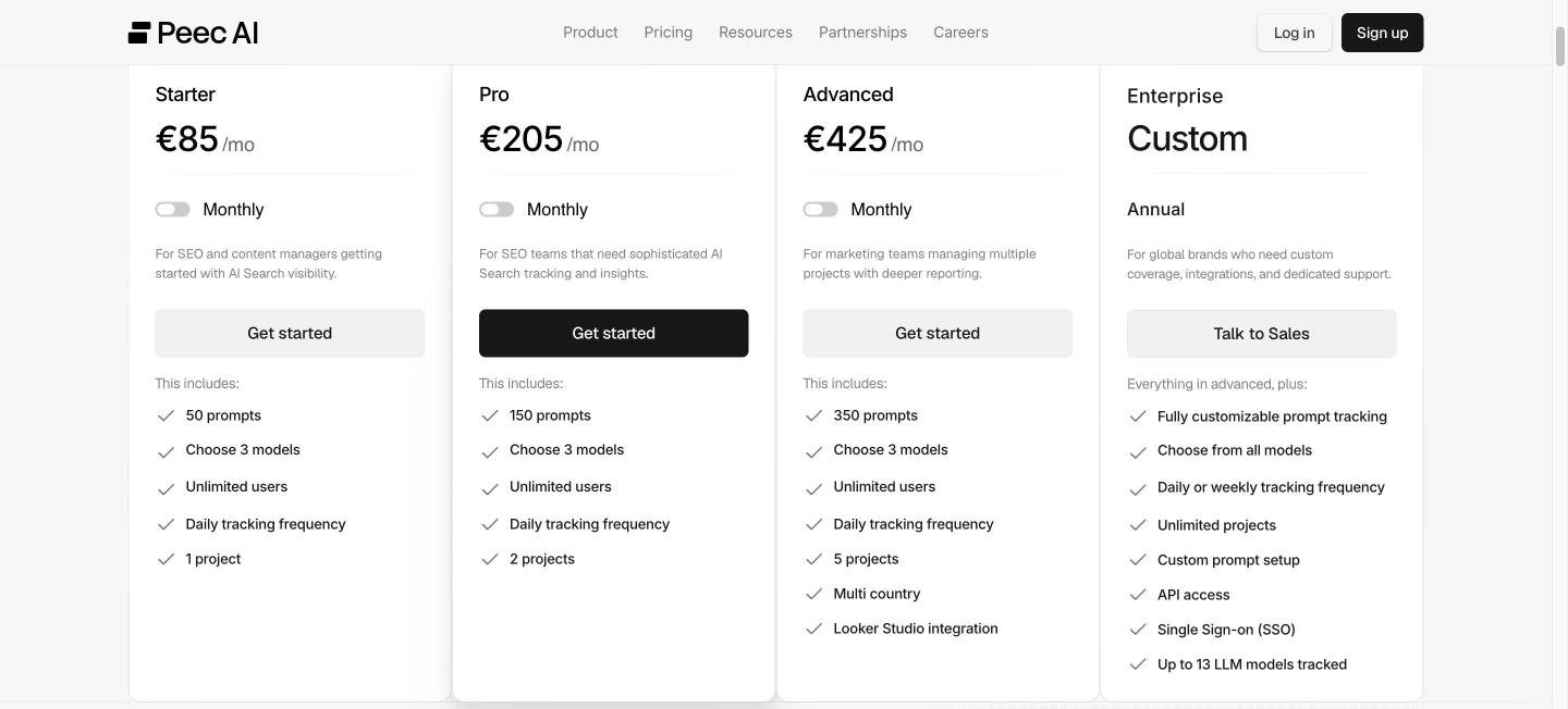 Peec AI pricing page on 5 October 2026: Starter €85, Pro €205 and Advanced €425 a month, each with three models and daily tracking