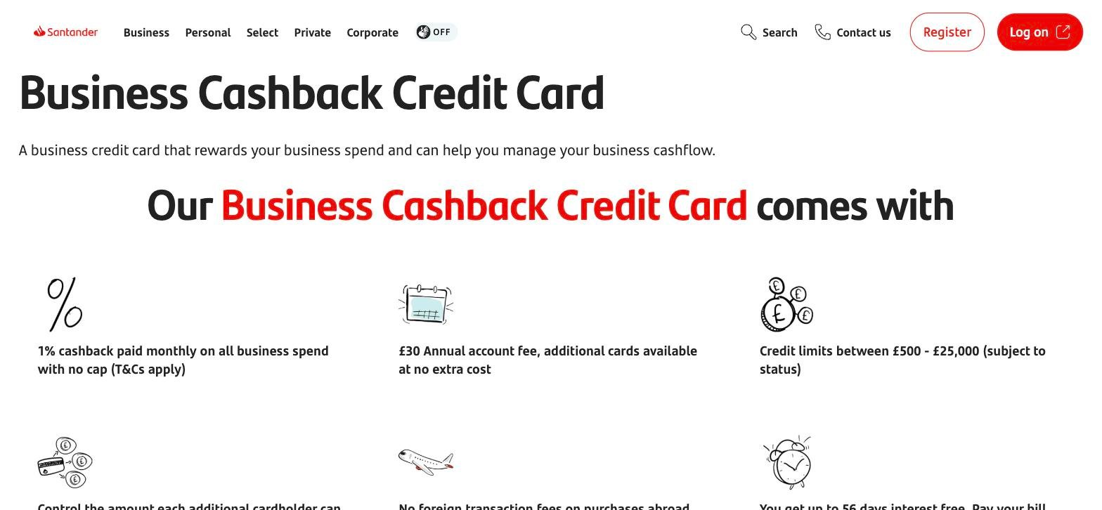 Santander Business Cashback Credit Card page showing 1 per cent cashback, 30 pound annual fee and credit limits of 500 to 25,000 pounds