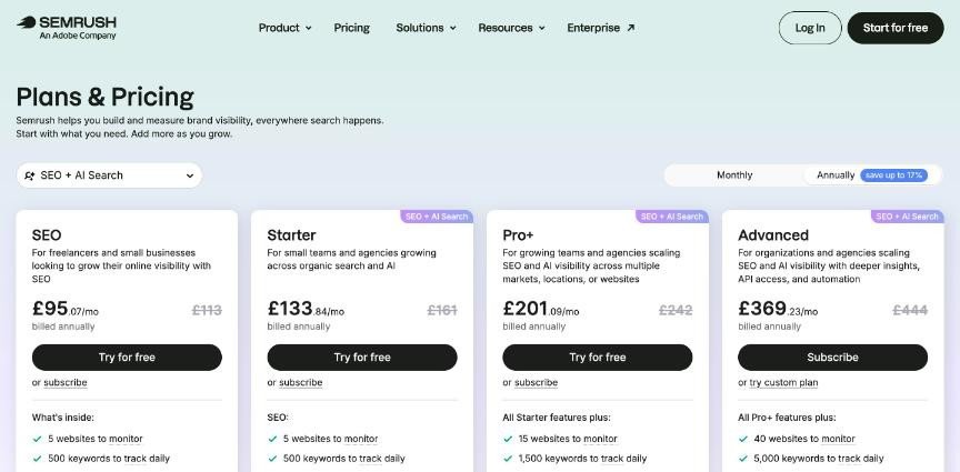 Semrush pricing page showing UK prices in pounds: SEO plan £95.07 a month billed annually