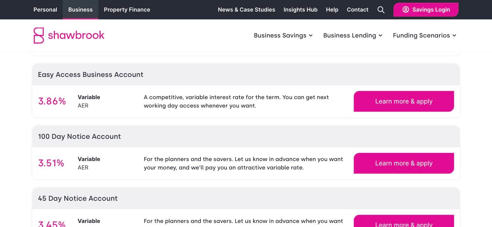 Shawbrook business savings page showing the Easy Access Business Account at 3.86 per cent AER