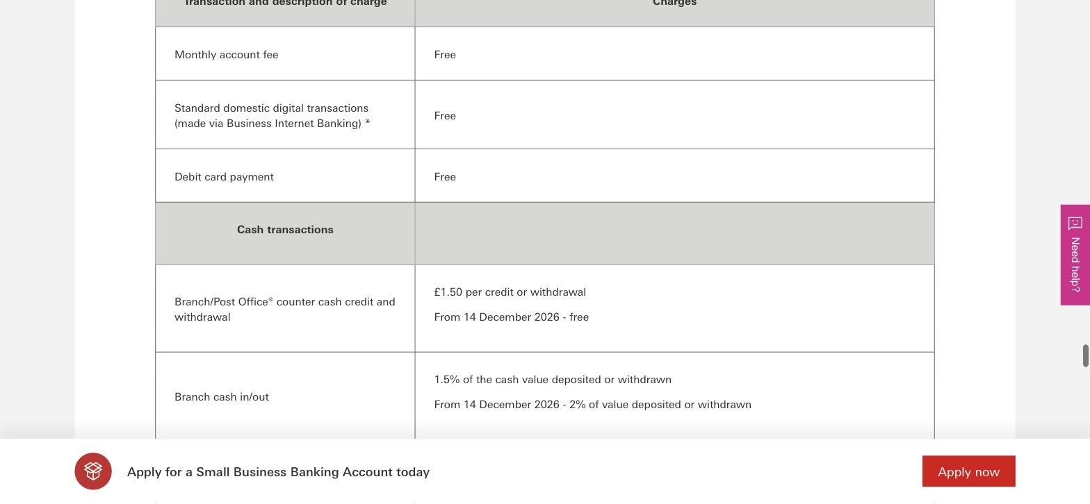 HSBC UK Small Business Banking Account charges table showing a £1.50 counter fee per credit, branch cash at 1.5% of the value and 2% from 14 December 2026