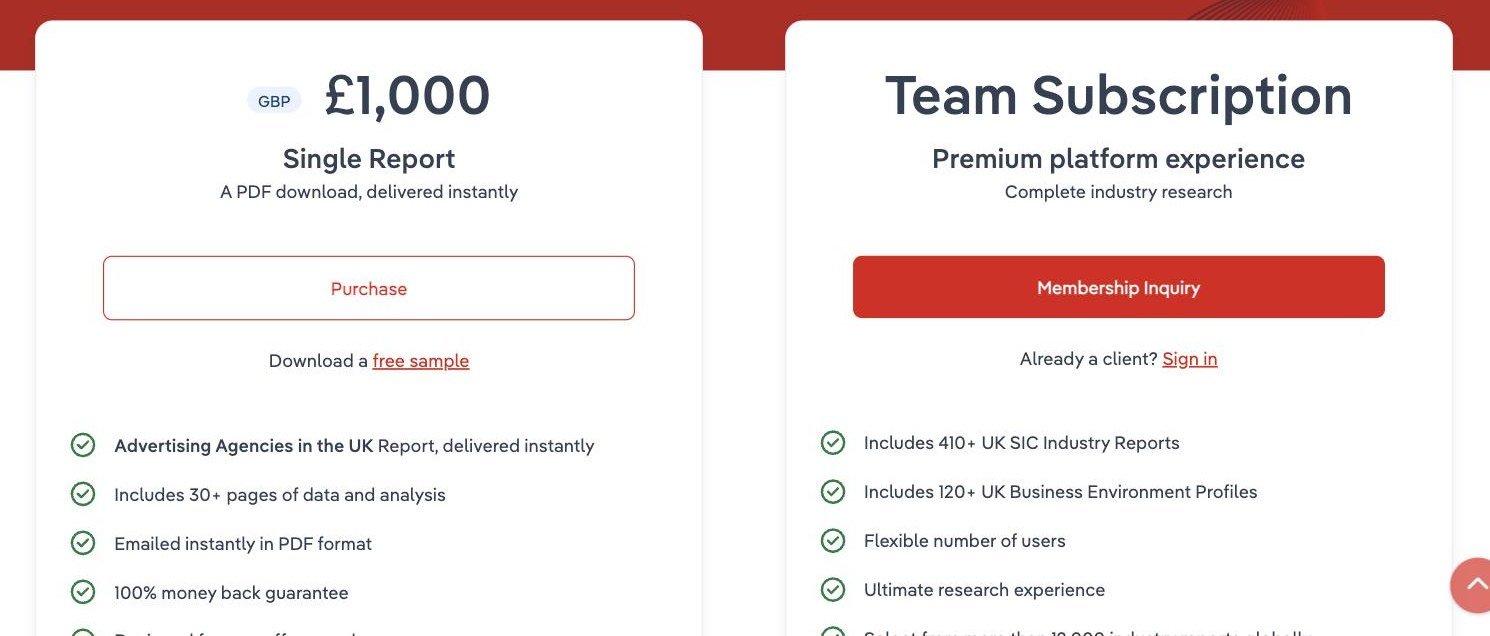 IBISWorld plans and pricing page showing a single UK report at £1,000 GBP as a PDF download and a team subscription by membership inquiry