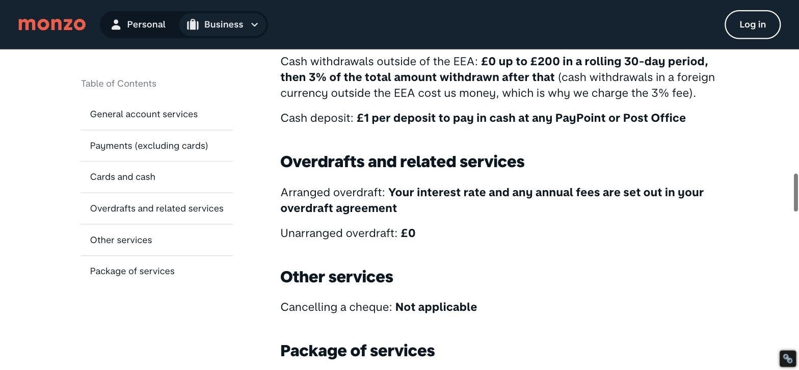 Monzo Business fee information showing a cash deposit fee of £1 per deposit at any PayPoint or Post Office