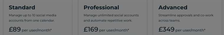 Hootsuite UK plans page showing Standard at £89 per user a month, Professional £169, Advanced £349