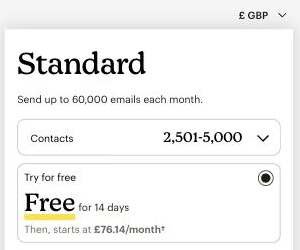 Mailchimp Standard plan card set to 2,501 to 5,000 contacts showing starts at £76.14 a month