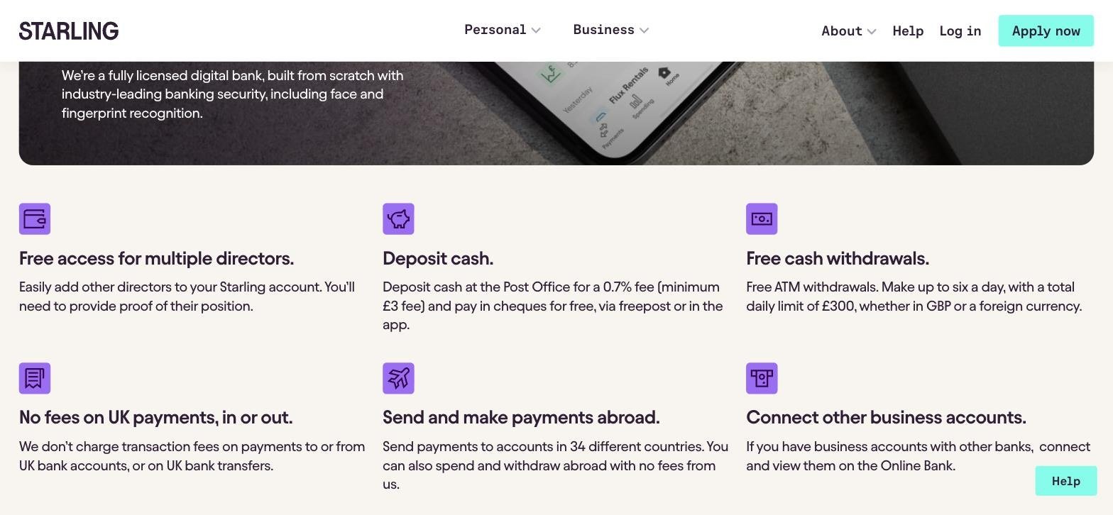 Starling business account page saying cash can be deposited at the Post Office for a 0.7% fee with a minimum £3 fee