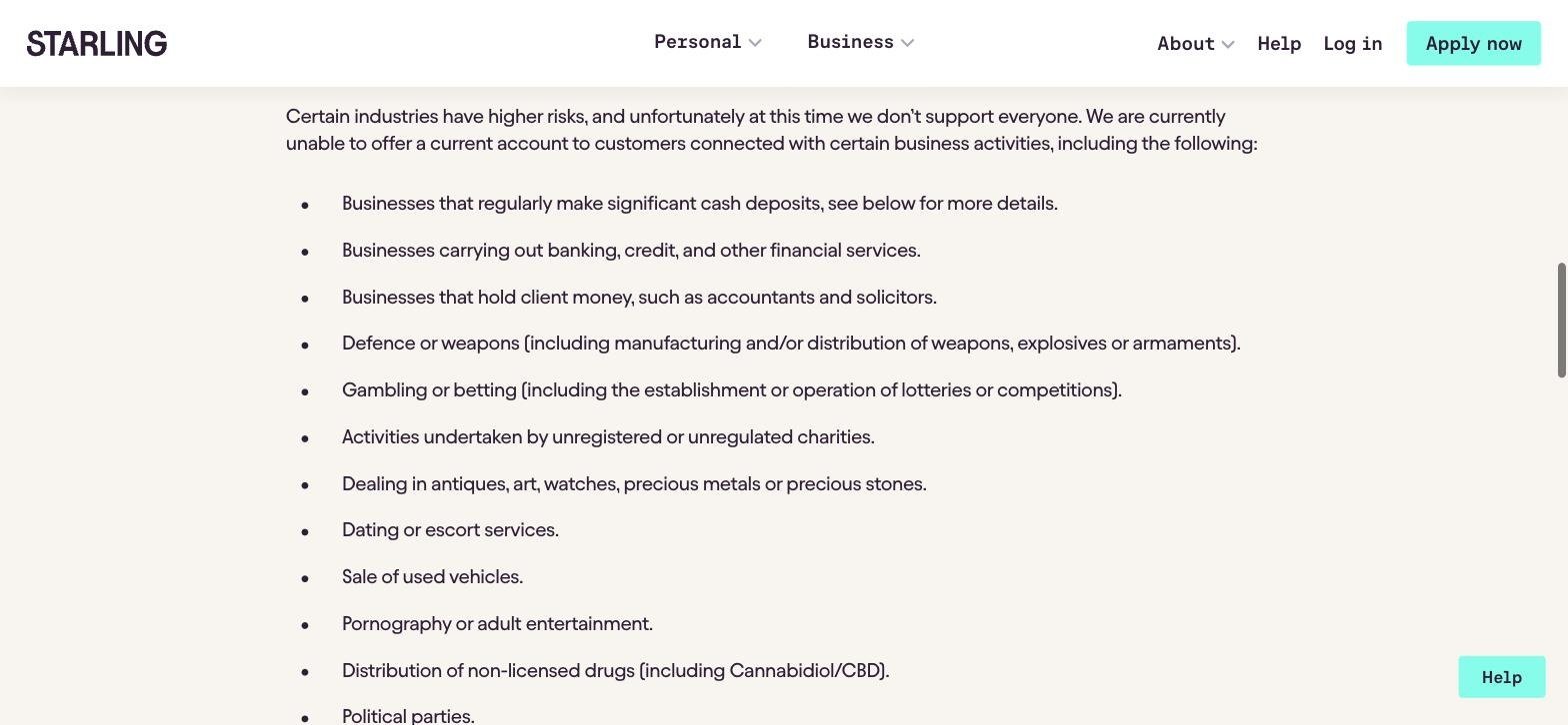 Starling eligibility page listing businesses that hold client money, such as accountants and solicitors, among industries it does not support