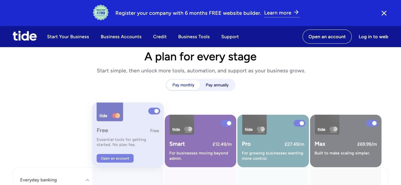 Tide plans page showing the Free plan with no plan fee, Smart at £12.49 a month, Pro at £27.49 a month and Max at £69.99 a month