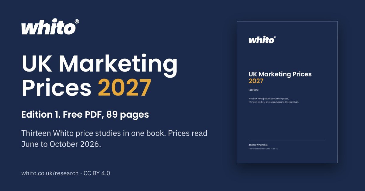 Cover card for UK Marketing Prices 2027, Edition 1, a free Whito book of thirteen price studies